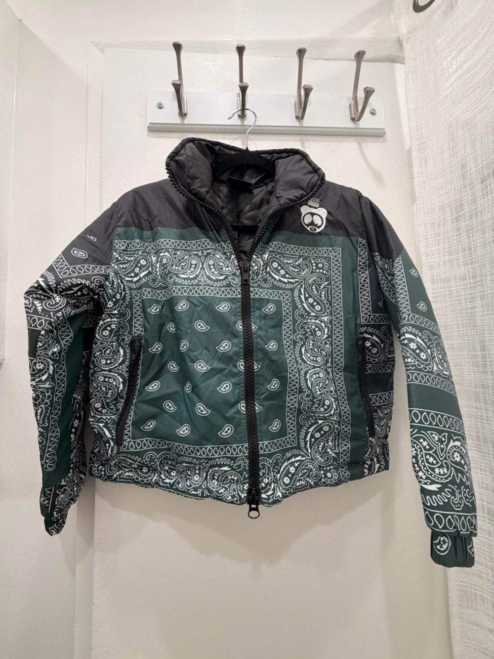 Bandana-Print Puffer Jacket in Dark Green & Black - Streetwear Style